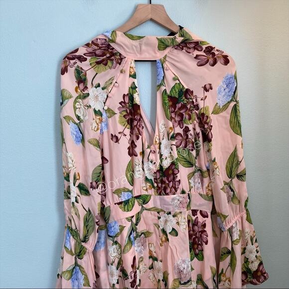 NICHOLAS Peach Pink Floral Print Silk Flare Sleeve Romper Long Sleeve 6 Small - Picture 16 of 16